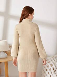 SHEIN 青少年女孩高領燈籠袖條紋針織毛衣洋裝