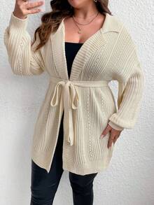 Celure Plus Drop Shoulder Belted Cardigan - White - View 8