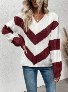 SHEIN LUNE Chevron Pattern Drop Shoulder Cable Knit Sweater - White - View 1