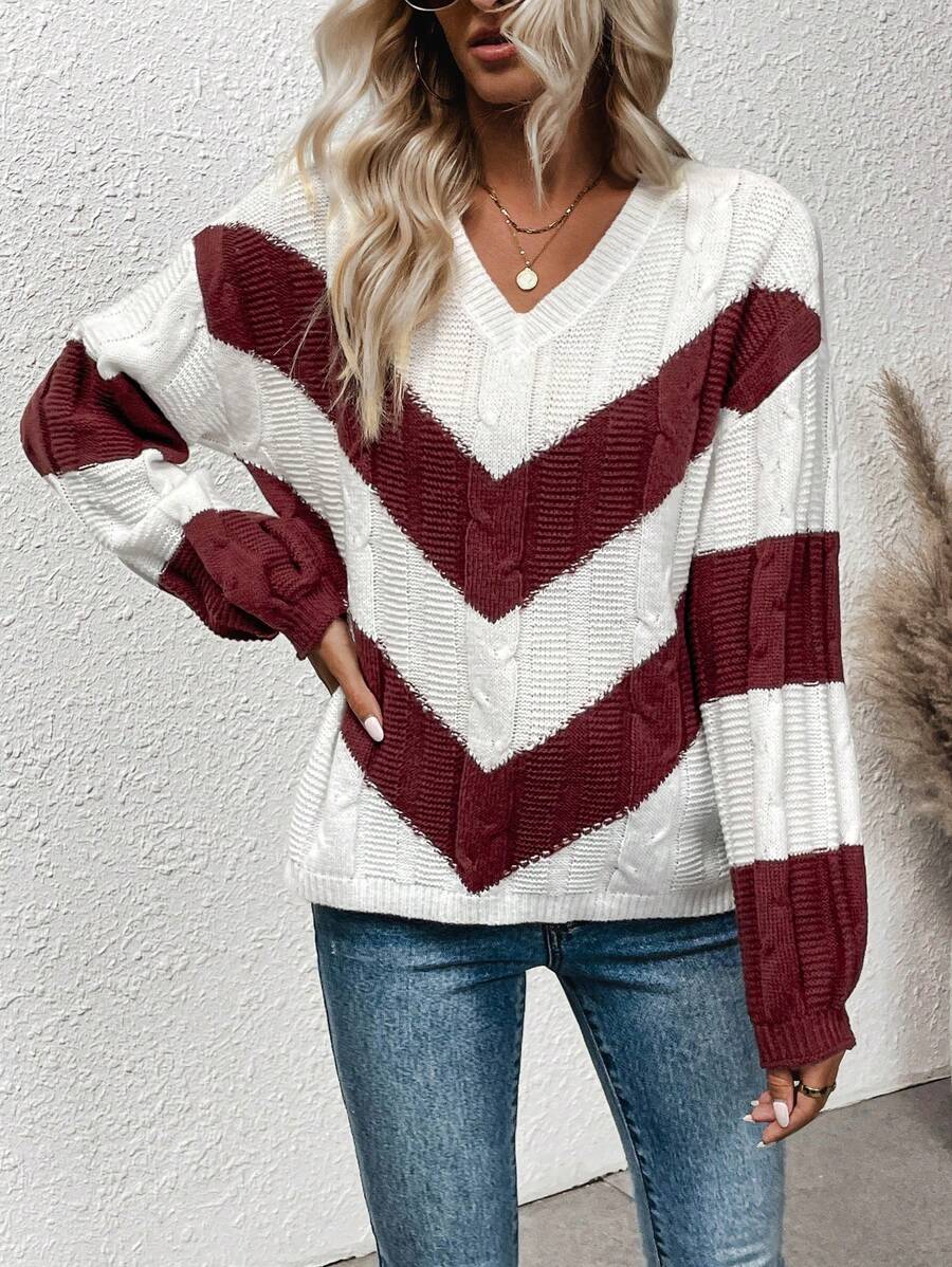 SHEIN LUNE Chevron Pattern Drop Shoulder Cable Knit Sweater - White - View 1