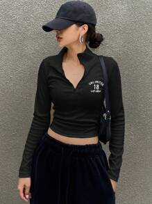 DAZY Letter Graphic Zip Up Crop Tee Long Sleeve Women Tops,Fall Women Clothes - Black - View 2