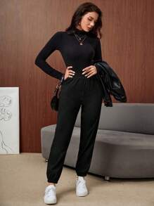 SHEIN LUNE Women Solid Color Daily Wear Elastic Waist Pants - Black - View 5