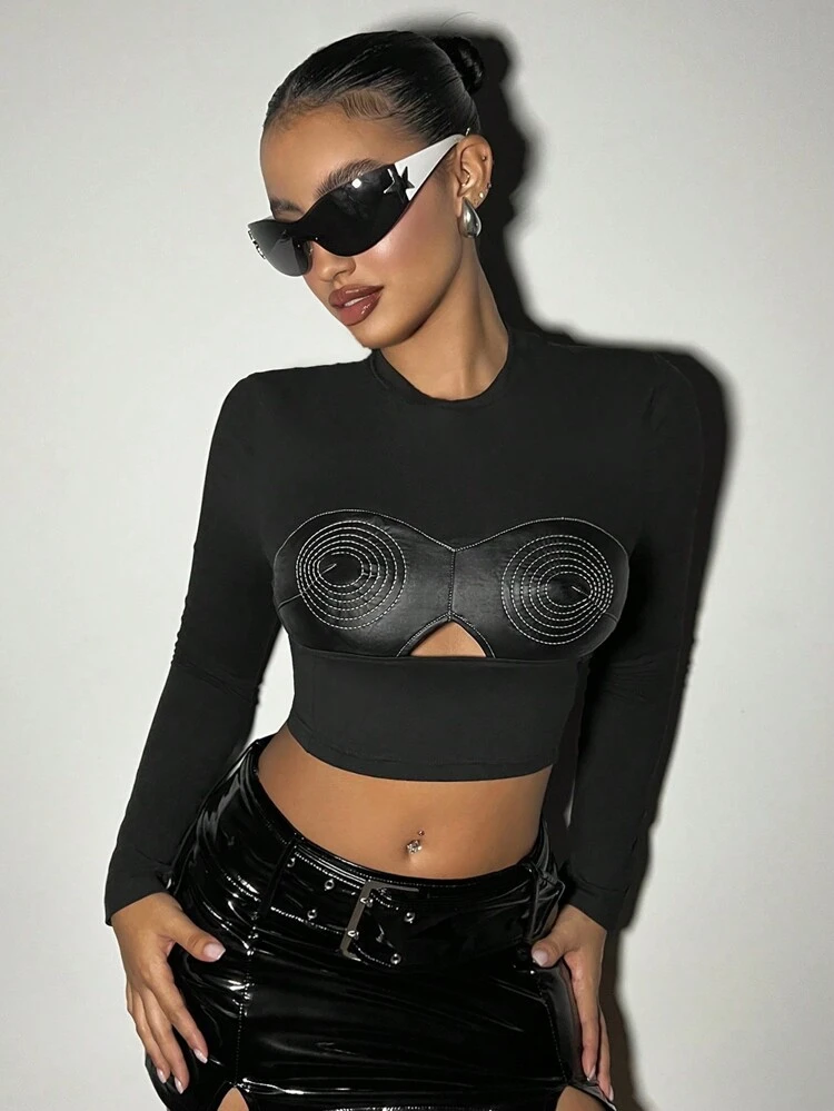 Graphic Pattern Cut Out Front Crop Tee