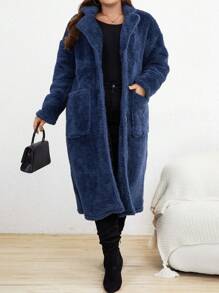 SHEIN LUNE 大碼雙口袋落肩袖法蘭絨外套 - 藏蓝色 - 查看 4