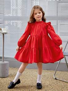 女小童素色荷葉邊娃娃裙 - 紅色 - 查看 5