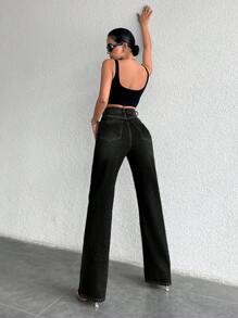 SHEIN بنطلون جينز نسائي بخصر عالي وساق مستقيمة بأسلوب كاجوال مع أزرار أمامية، مقاس طويل، لون أسود، للاستخدام اليومي والعمل في فصل الخريف - الأسود - مشاهدة 3