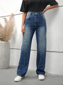 SHEIN EZwear 高腰直筒牛仔褲 - 中等水洗藍 - 查看 6