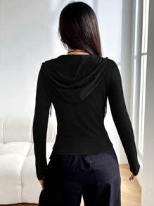 SHEIN EZwear Zip Up Drawstring Hooded Jacket In Fall/Winter - Black - View 3