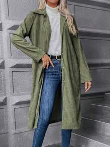 Chiquease Button Front Belted Corduroy Coat - Army Green - View 3