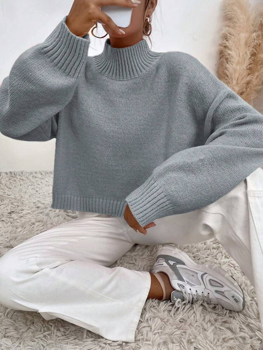 EURMUSE Solid Turtleneck Sweater - Grey - View 1