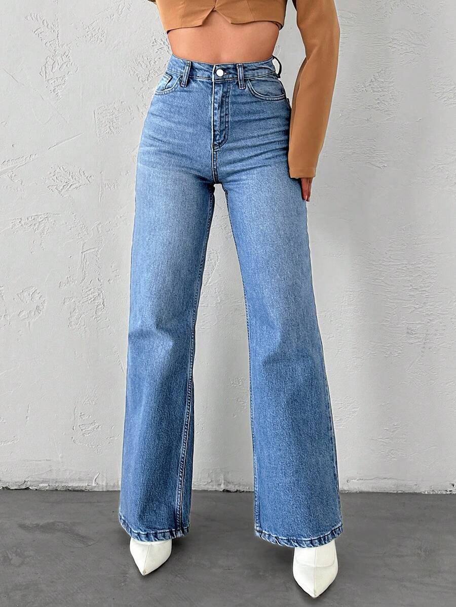 SHEIN Cottnline 直筒高腰牛仔褲 - 霧霾藍 - 查看 1