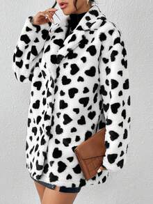 SHEIN Essnce Hình trái tim Mở Mặt trước Áo khoác Teddy - Đen và trắng - Xem 7