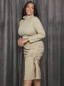 SHEIN SXY Plus Drawstring Side High Neck Bodycon Dress - Khaki - View 3