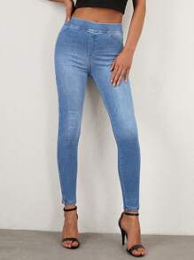Cottnline Skinny High Waisted Denim Long Pants - Blue - View 1
