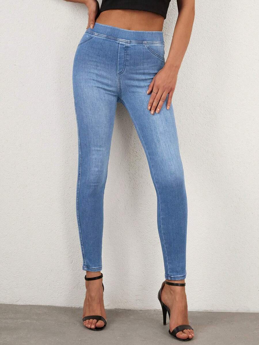 Cottnline Skinny High Waisted Denim Long Pants - Blue - View 1