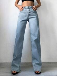 EURMUSE High Waist Straight Leg Jeans - Light Wash - View 3