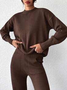 EURMUSE Women's Pure Color Round Neck Drop Shoulder Sweater & Pants Two Piece Set - Coffee Brown - View 5