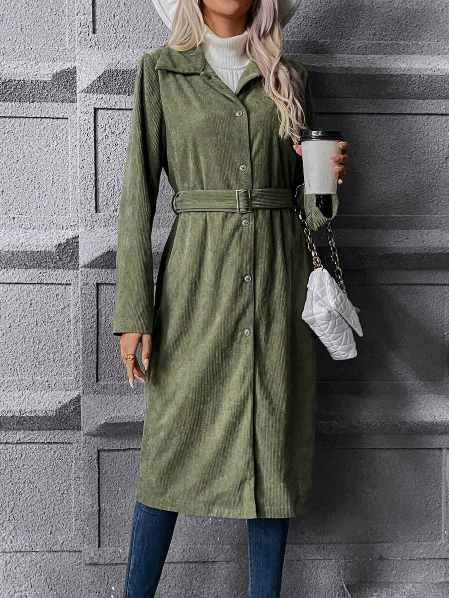 Chiquease Button Front Belted Corduroy Coat - Army Green - View 1