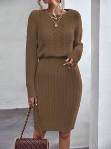 SHEIN Essnce Vestido de punto unicolor de hombros caídos - Camel - Ver 4