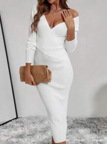 SHEIN Clasi Đan chéo Đồ đan Ribbed Đầm Áo len - trắng - Xem 5