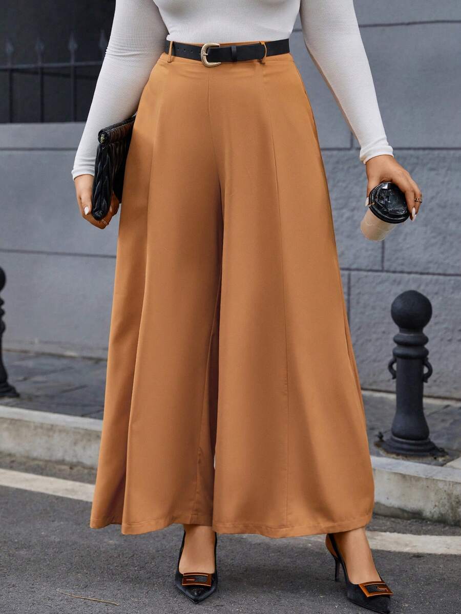 Celure Plus High Waist Wide Leg Pants Without Belt - Khaki - View 1