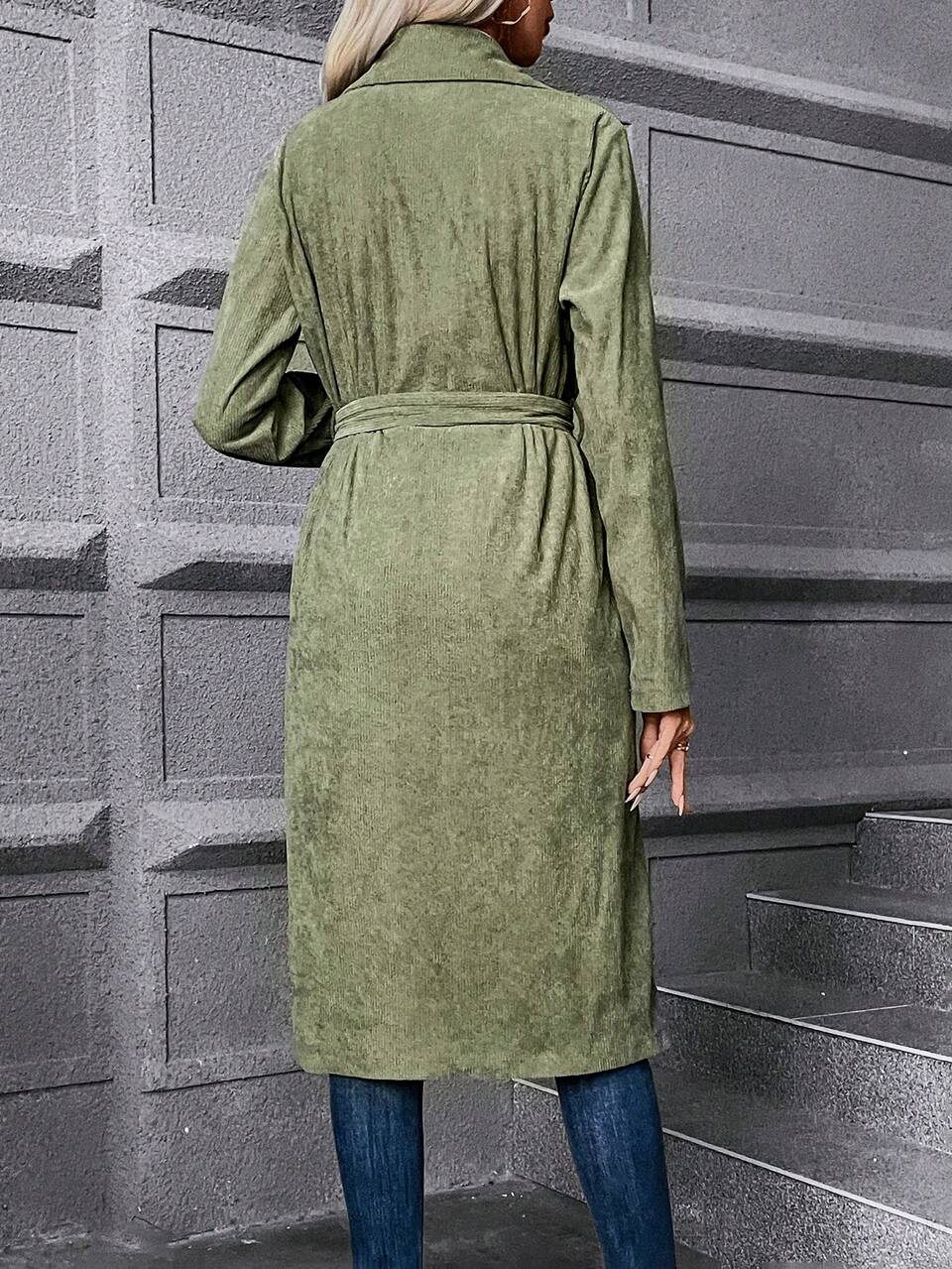 Button Front Cinched Waist Corduroy Coat