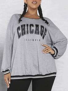 SHEIN CURVE+ Plus Letter Graphic Striped Trim Drop Shoulder Sweatshirt - Multicolor - View 5
