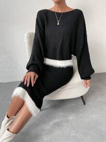 Chiquease Trang trí Fuzzy Thả vai Sweater & Knit Skirt - màu đen - Xem 4