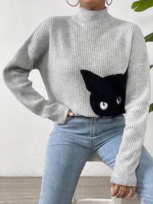 SHEIN Essnce Jersey con patrón de gato de cuello alto de hombros caídos - Gris - Ver 6