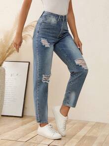 SHEIN LUNE High Waist Ripped Straight Leg Jeans Boyfriend Jeans - Blue - View 3