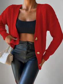 Suéter De Punto Con Botones Y Hombreras Caídas De Color Sólido - Rojo - Ver 3