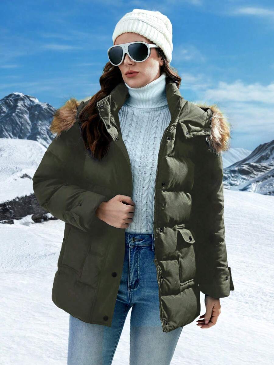 SHEIN Unity Flap Pocket Fuzzy Trim Hooded Padded Padded Coat Clothes Winter - Army Green - View 1