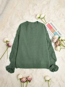 SHEIN Essnce 爆米花針織荷葉袖套頭毛衣 - 綠色 - 查看 3