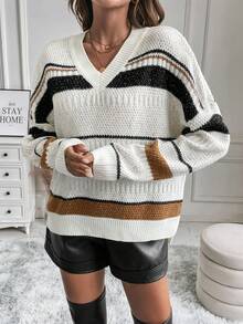 SHEIN LUNE Áo len chui đầu dáng suông, xẻ tà, họa tiết sọc, thích hợp cho mùa thu đông. - Nhiều màu - Xem 4