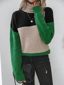 SHEIN LUNE Khối màu Áo cao cổ Thả vai Áo len - Nhiều màu - Xem 3