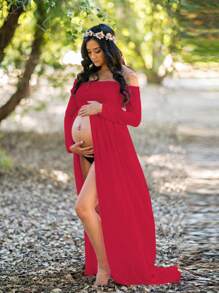 Maternity Off Shoulder Split Thigh Dress With Long Sleeve For Maternity Photoshoot - Red - View 1