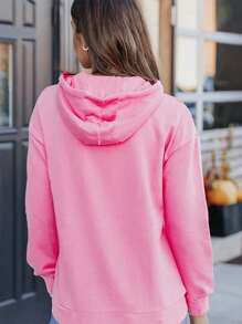 Plus Size Kangaroo Pocket Ripped Drop Shoulder Drawstring Sweatshirt - Pink - View 2