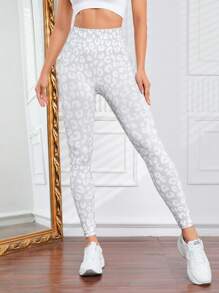 Leopard Print Wide Waistband Sports Leggings - Multicolor - View 2