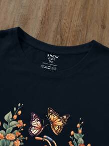 INAWLY Plus Floral And Bike Print Tee Women Graphic Tee Top For Summer - Navy Blue - View 3
