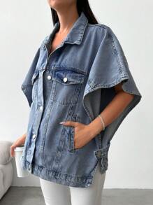 Cottnline Loose Fit Casual Half Sleeve Denim Jacket - Baby Blue - View 4