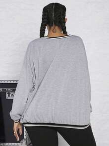 SHEIN CURVE+ Plus Letter Graphic Striped Trim Drop Shoulder Sweatshirt - Multicolor - View 2