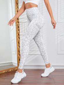 Leopard Print Wide Waistband Sports Leggings - Multicolor - View 4