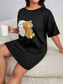 大碼小熊印花落肩袖睡裙 - 黑色 - 查看 5