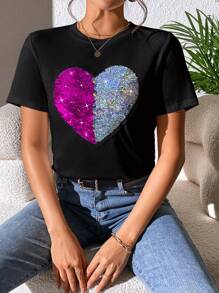 SHEIN LUNE 1 件装亮片心形图案 T 恤 图案 T 恤 女式上衣 - 黑色 - 查看 4