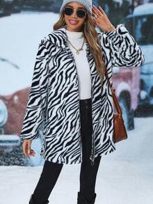 SHEIN Unity 斑馬紋連帽搖粒絨外套 - 黑與白 - 查看 6