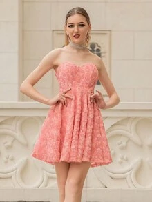 ANGEL FASHIONS Floral Applique Mesh Tube Cocktail Dress - Pink - View 5