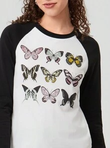 Forever 21 Women's Butterfly Print Raglan Sleeve T-shirt - Black and White - View 3