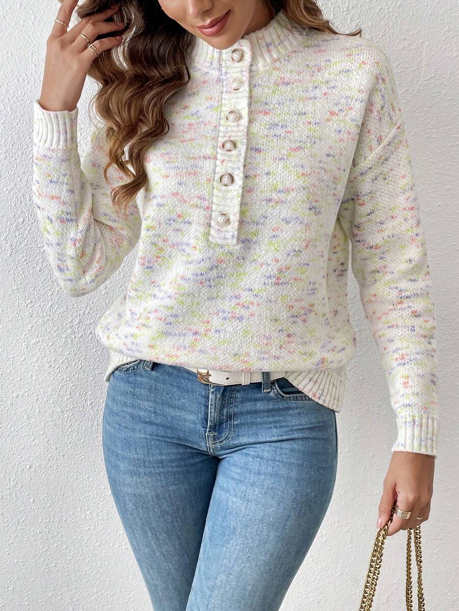 SHEIN Essnce Thuốc nhuộm Không gian Nút Nửa Thả vai Áo len - Nhiều màu - Xem 1
