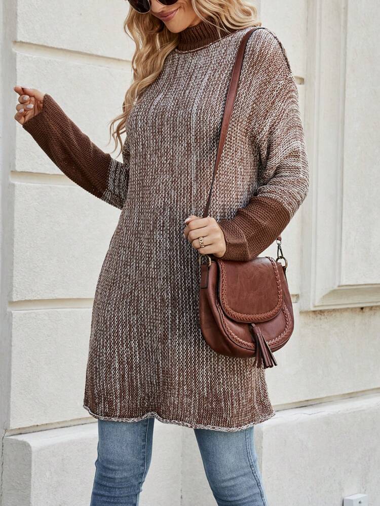 Marled Knit Turtleneck Drop Shoulder Knit Pullover Fall Winter Sweater