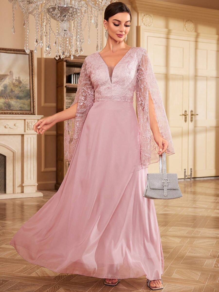 SHEIN Belle 蕾絲拼接開衩袖網紗正式洋裝 - 粉色 - 查看 1